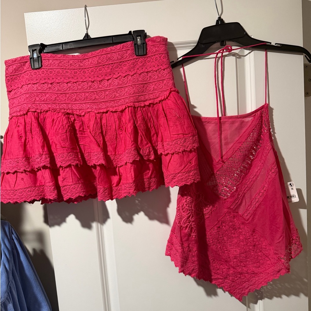 Free People Hot Pink Ruffled Mini Skirt Set 🔥 Size XL